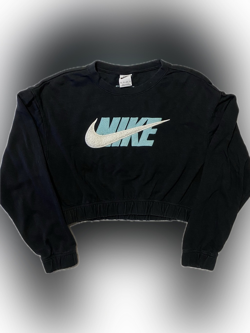 Nike Black Cropped Sweatshirt with Light Blue Logo and White Swoosh